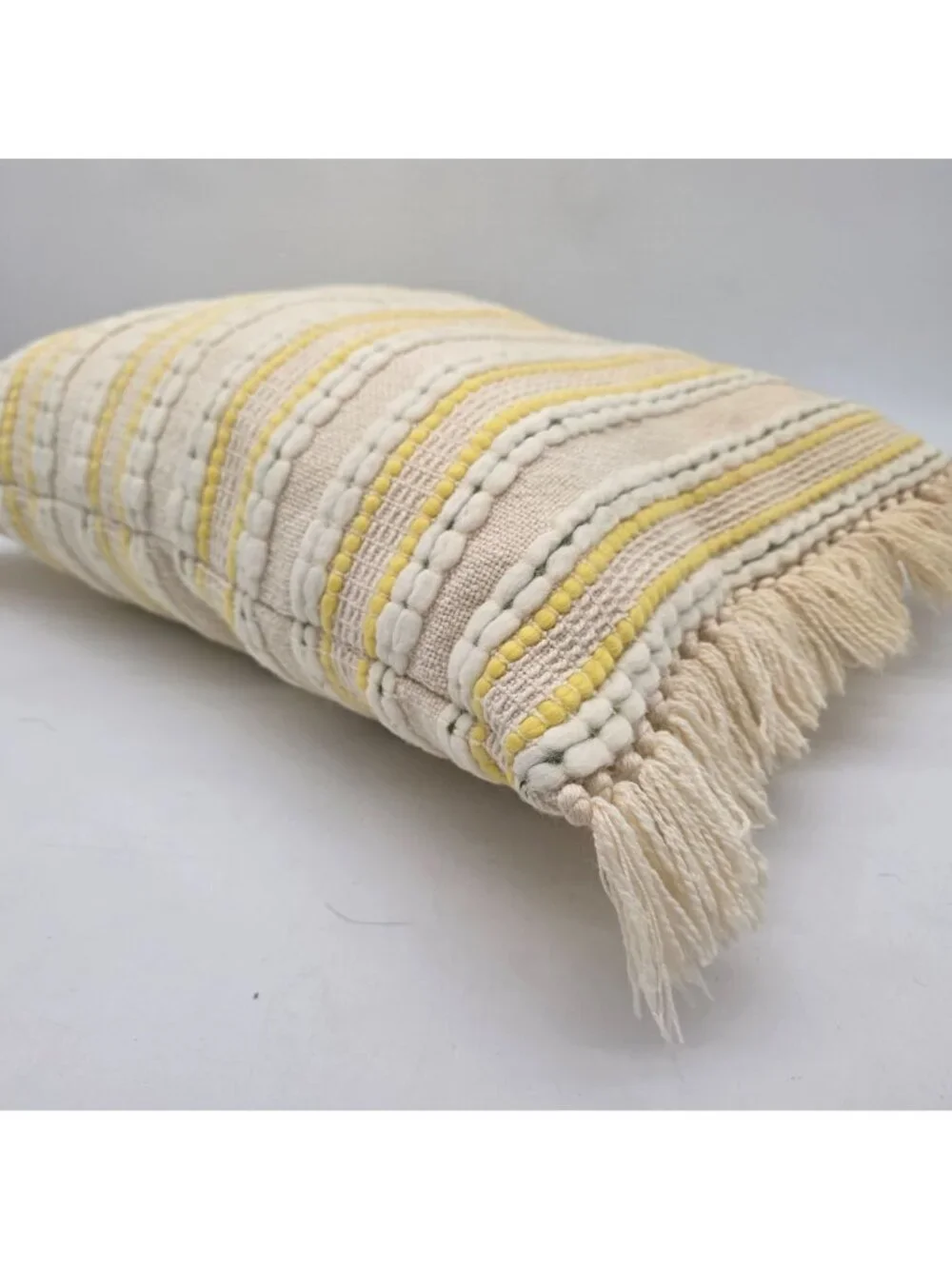 MCM Yellow & Cream Striped Woven Throw Pillow Fringe Accents 20